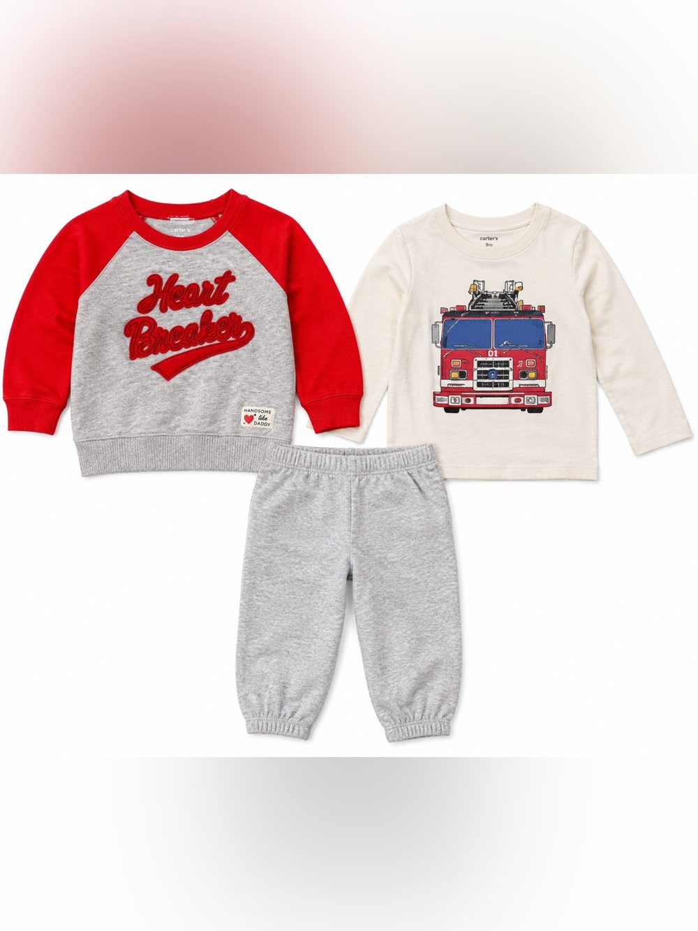 Carter's Baby Boy 9M Heart Breaker Firetruck 3 Piece Outfit Set